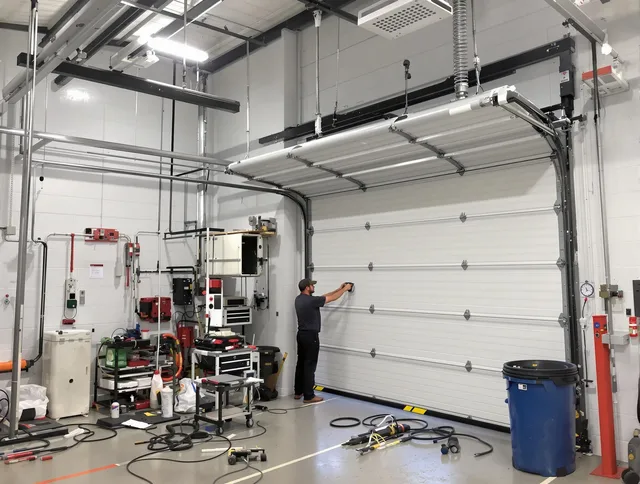 Kent Garage Door Repair certified technician performing commercial door repair at a Kent business facility