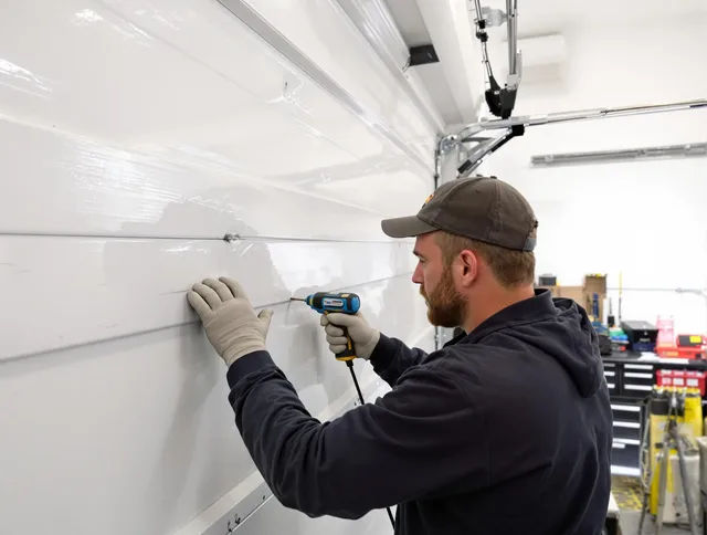 Kent Garage Door Repair technician demonstrating precision dent removal techniques on a Kent garage door